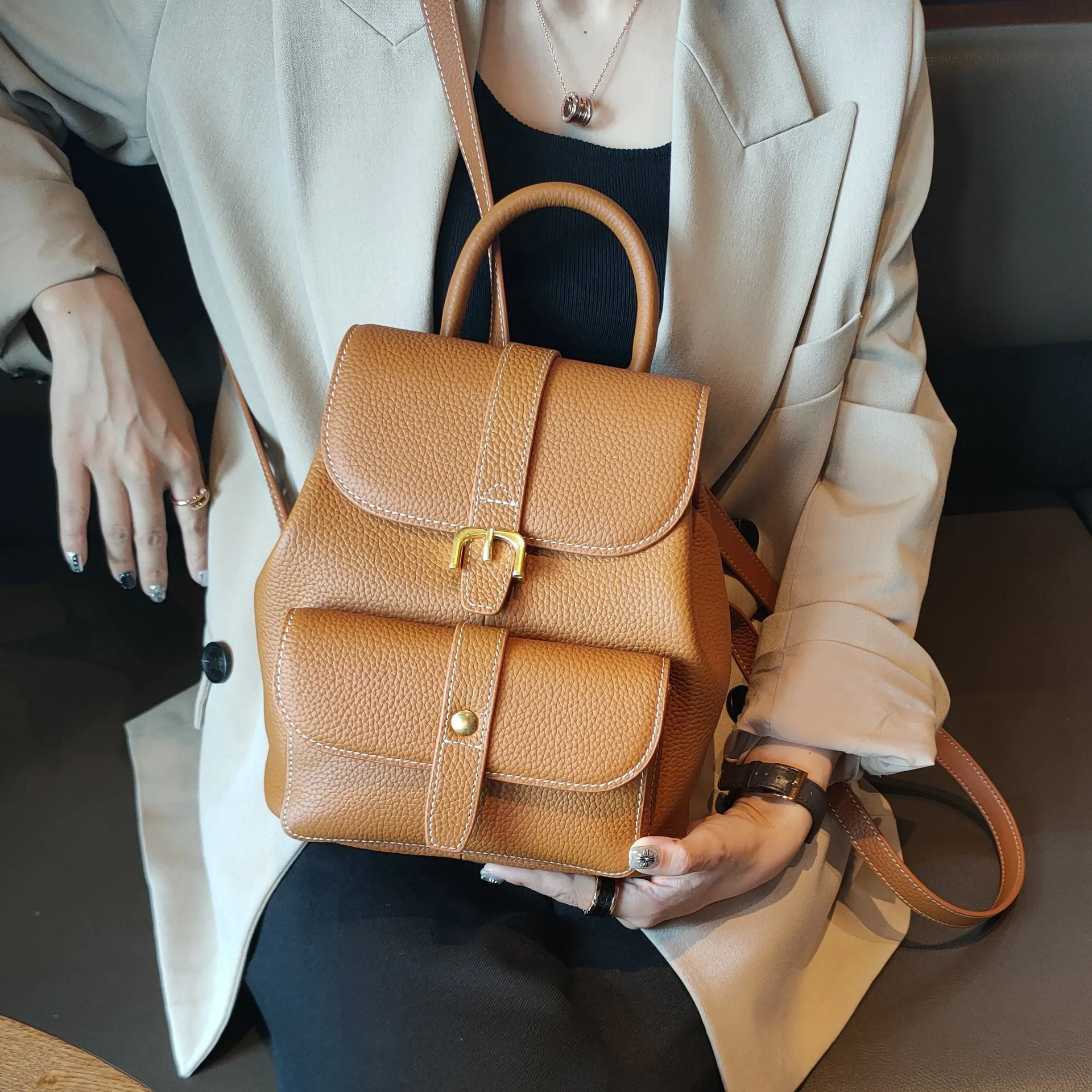 Leather Backpackage Women's Bag  New Trendy Soft Leather First Layer Cowhide Casual All-Match Pure Leather Bag Small Backpack