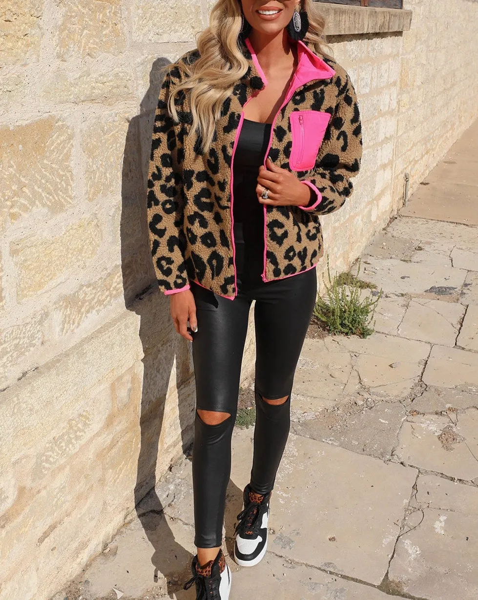 Leopard Colorblock Pocketed Sherpa Jacket