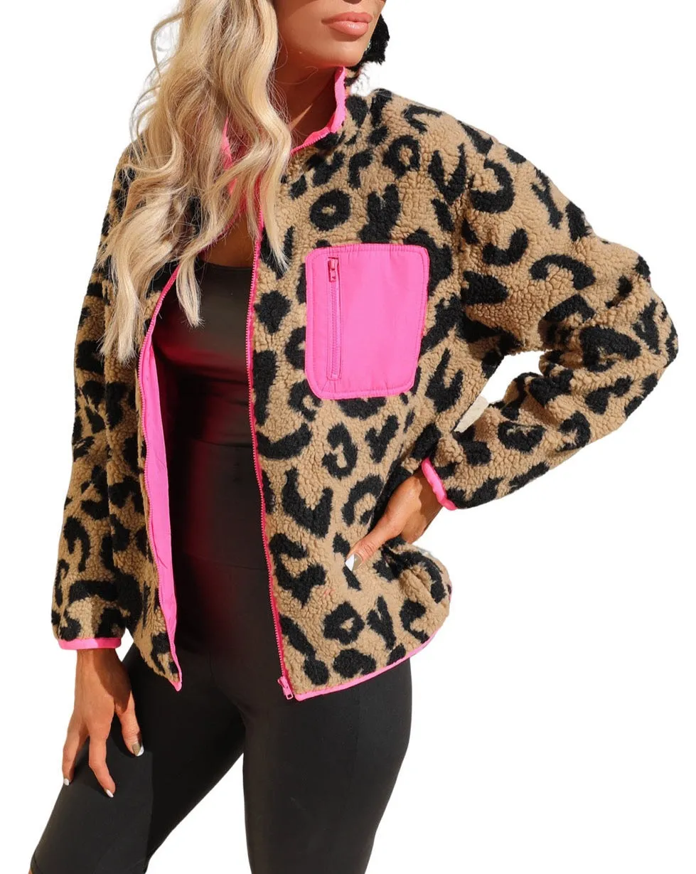 Leopard Colorblock Pocketed Sherpa Jacket