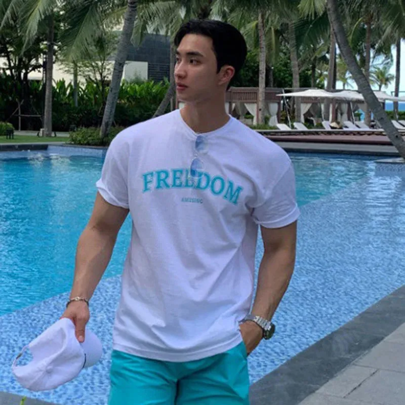 Letter Printed Men's T-shirt Summer Loose Short Sleeve Korean Style Trendy Round Neck Clothing Male Pullover C5924