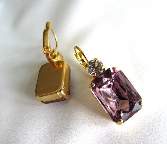 Light Amethyst Purple Crystal Earrings - Large Octagon 2 stone