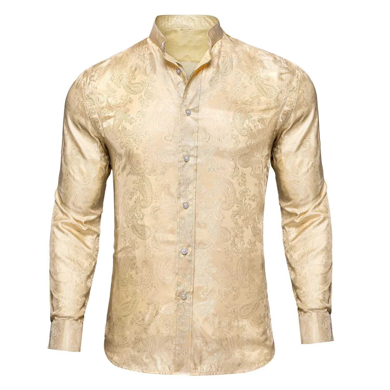 Light Yellow Paisley Silk Men's Long Sleeve Collarless Shirt