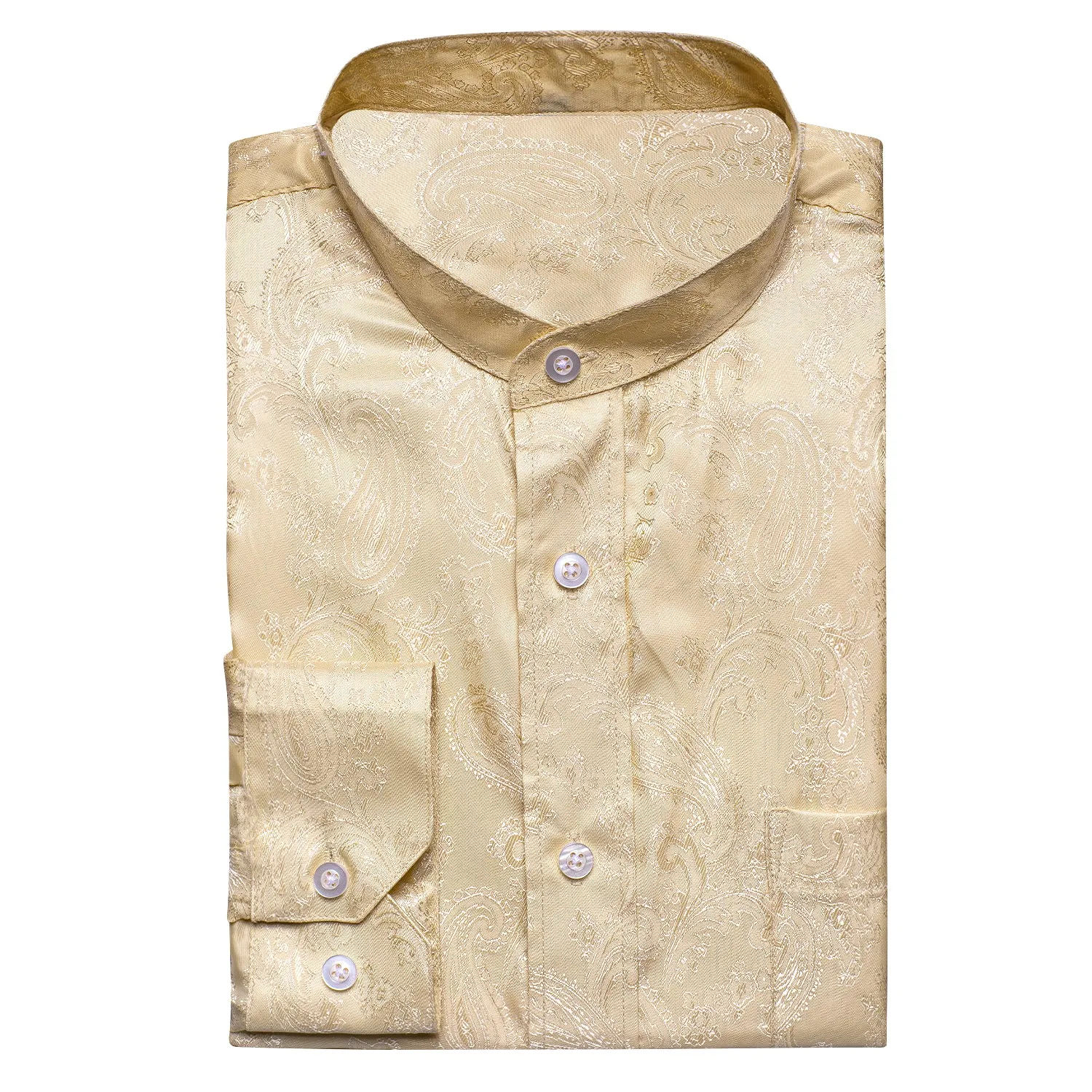 Light Yellow Paisley Silk Men's Long Sleeve Collarless Shirt