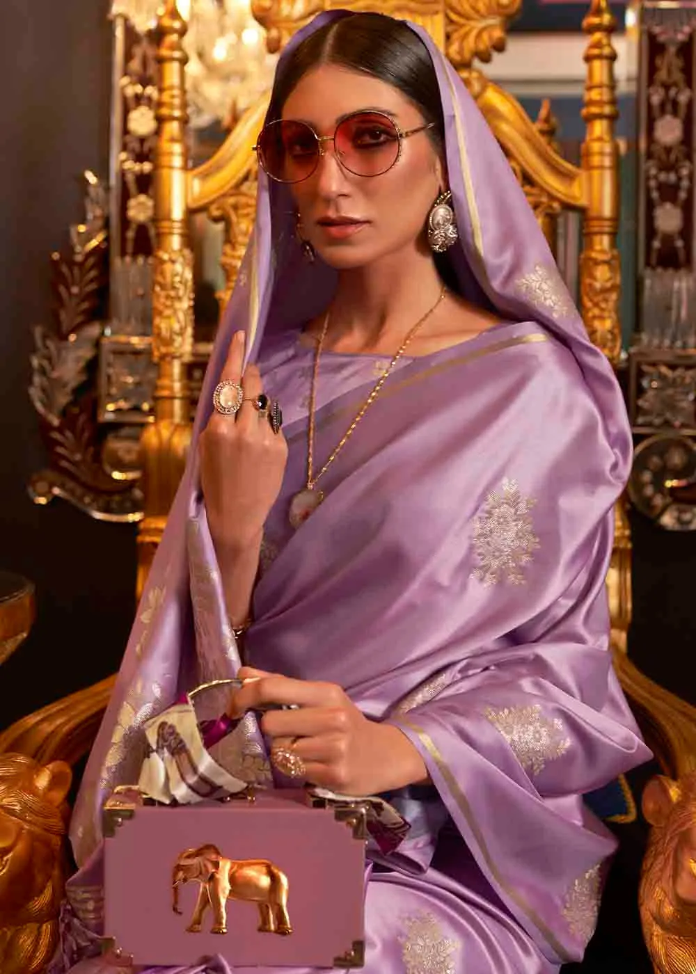 Lilac Purple Designer Satin Silk Saree