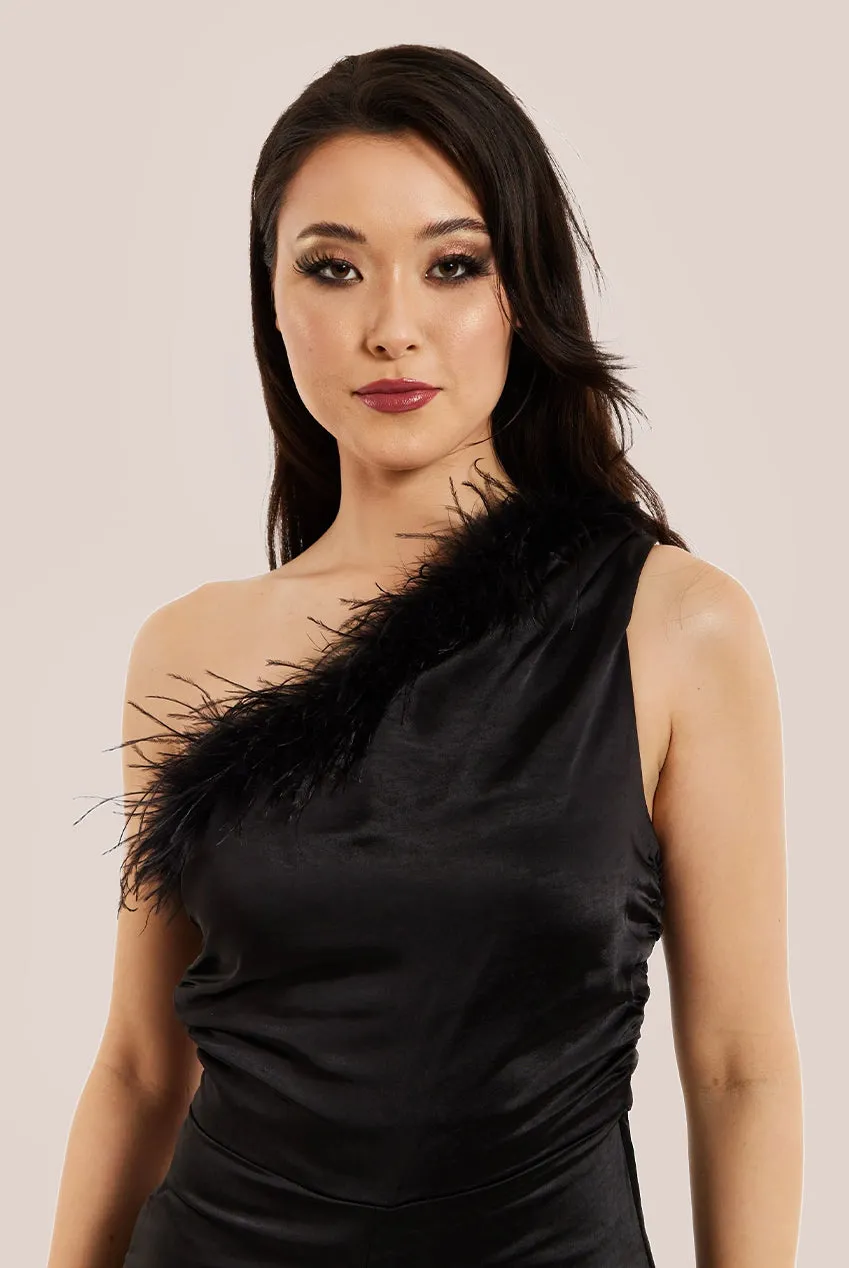 Liquorish One Shoulder Fur Detail Black Jumpsuit