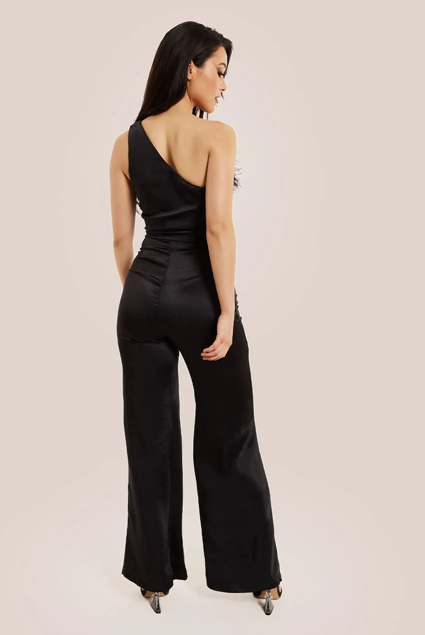 Liquorish One Shoulder Fur Detail Black Jumpsuit