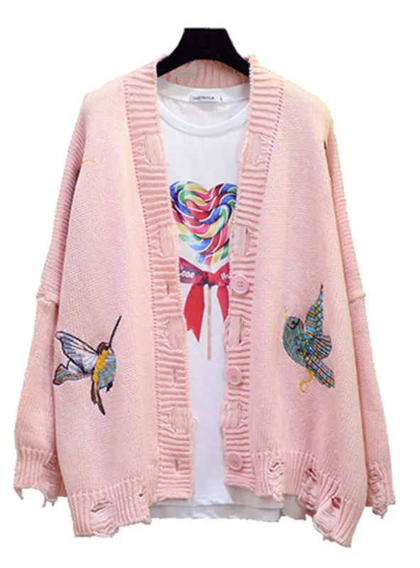 Long Sleeve Casual Embroidery Cardigan Female V Neck Hole Cardigans