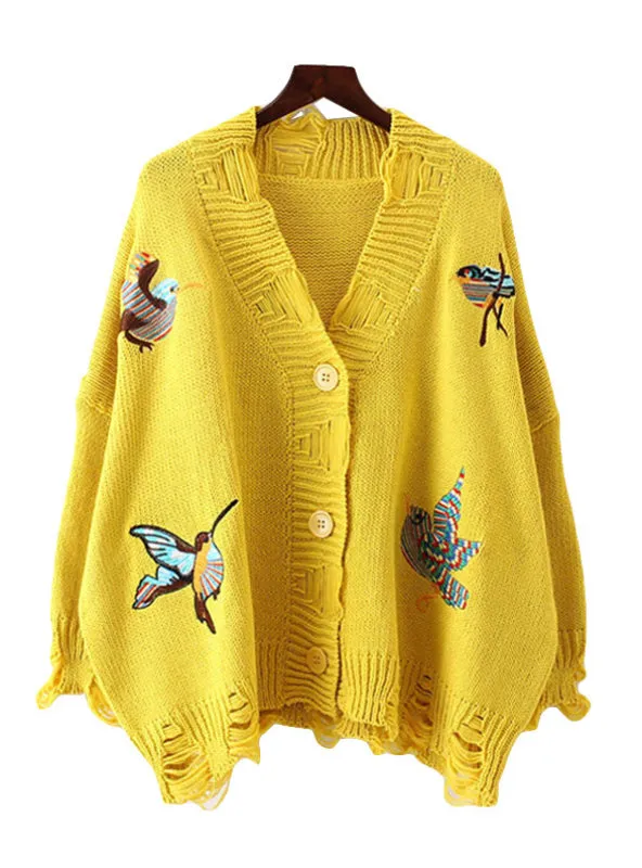 Long Sleeve Casual Embroidery Cardigan Female V Neck Hole Cardigans