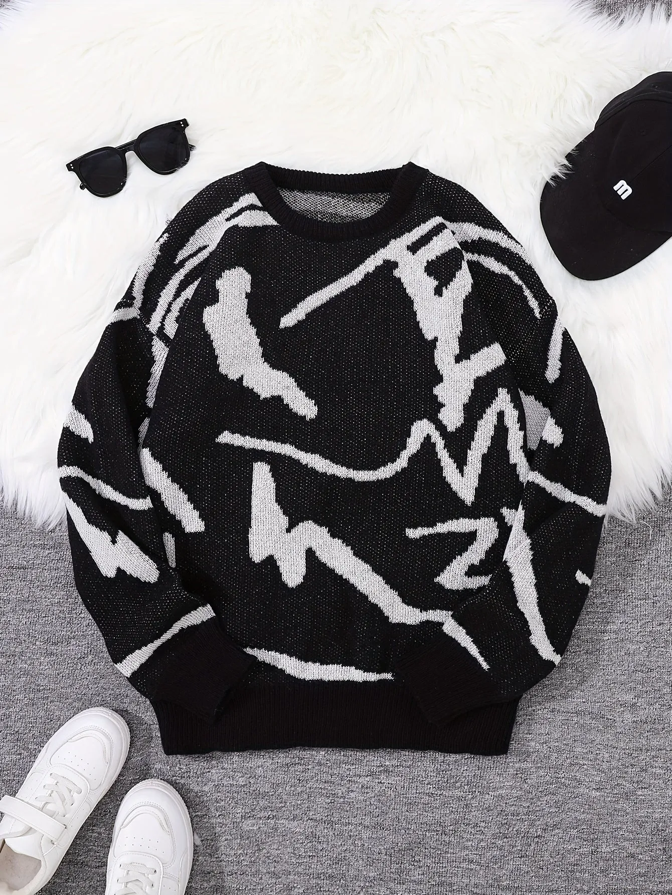 Long Sleeve Chic Graffiti Graphic Knit Sweater - Crew Neck, Polyester, Slight Stretch, Regular Fit, Hand Wash - Trendy Daily Wear for Spring and Autumn