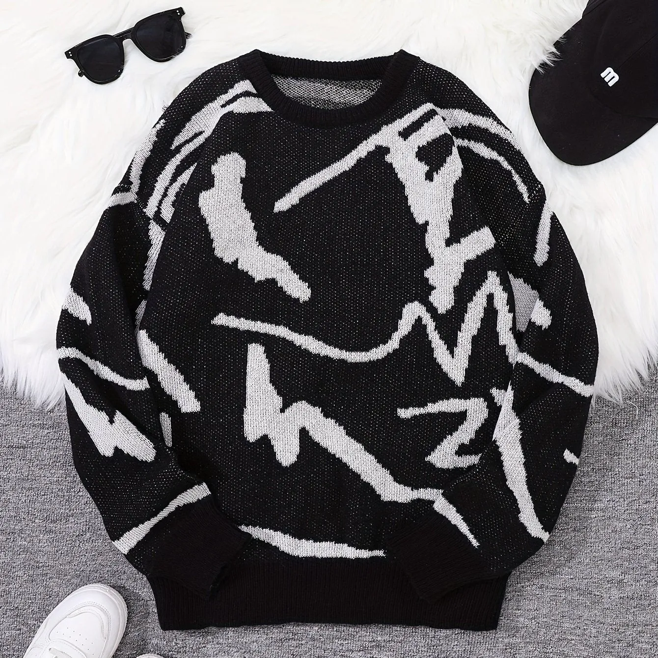 Long Sleeve Chic Graffiti Graphic Knit Sweater - Crew Neck, Polyester, Slight Stretch, Regular Fit, Hand Wash - Trendy Daily Wear for Spring and Autumn