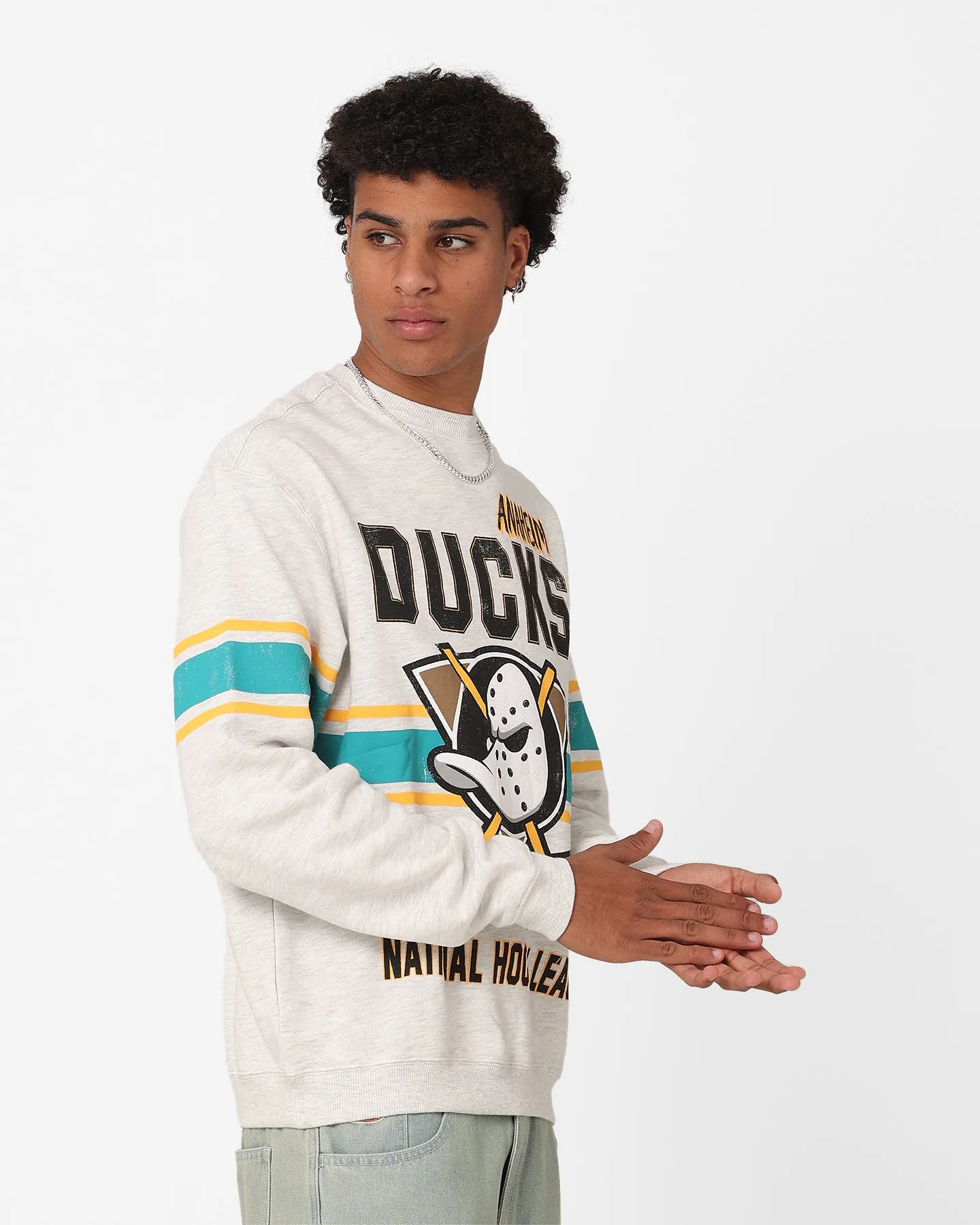 Majestic Athletic Anaheim Ducks Stripe Crest Crewneck Vintage White Marle