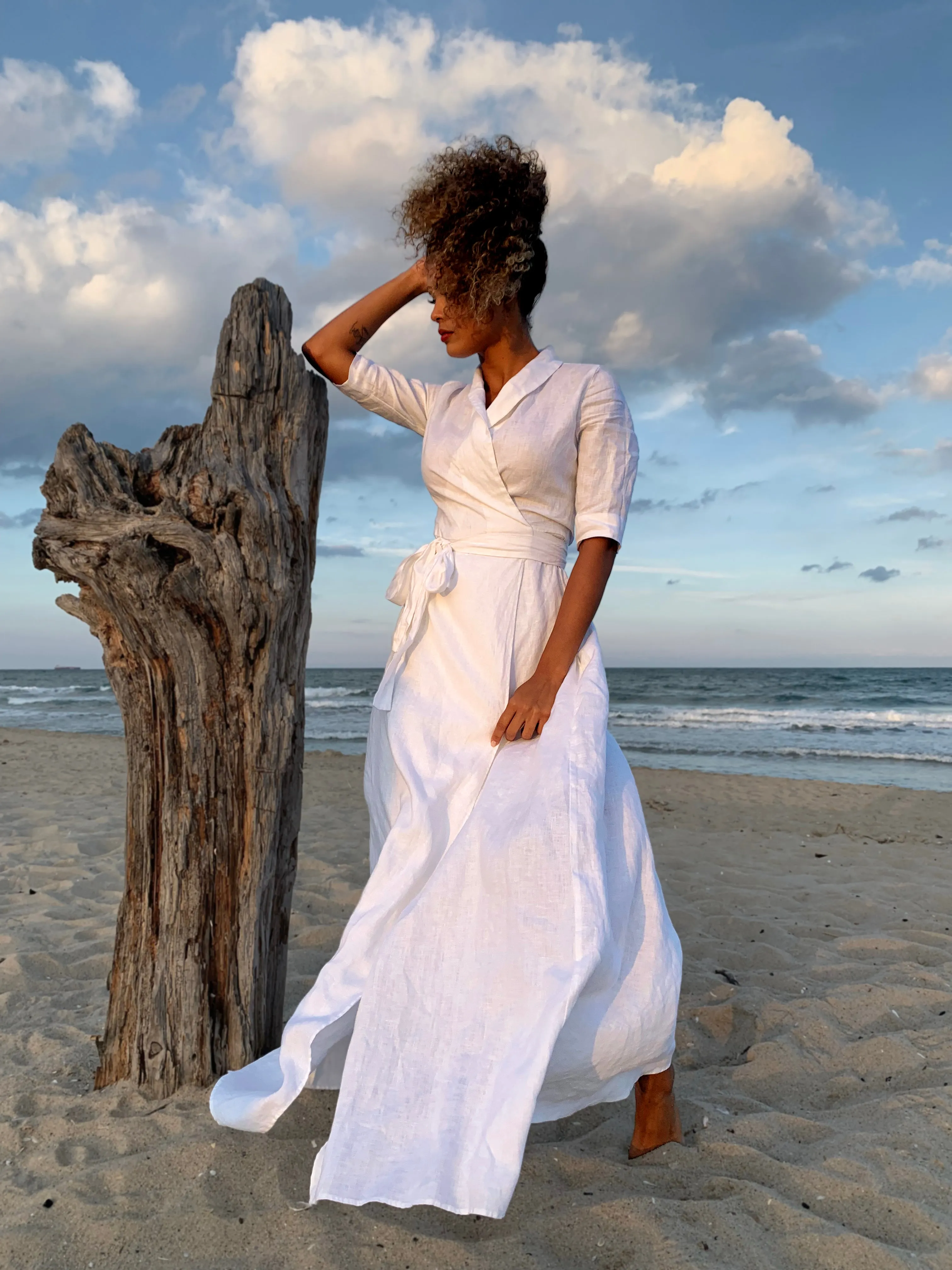 Maxi Linen A-Line Dress with Tie Waist