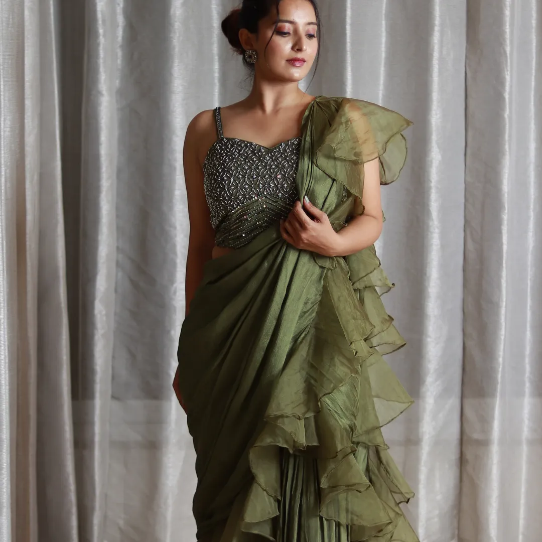 Mehndi Green Chinnon Drape Saree with Organza Ruffles and Intricate Hand Embroidered Blouse