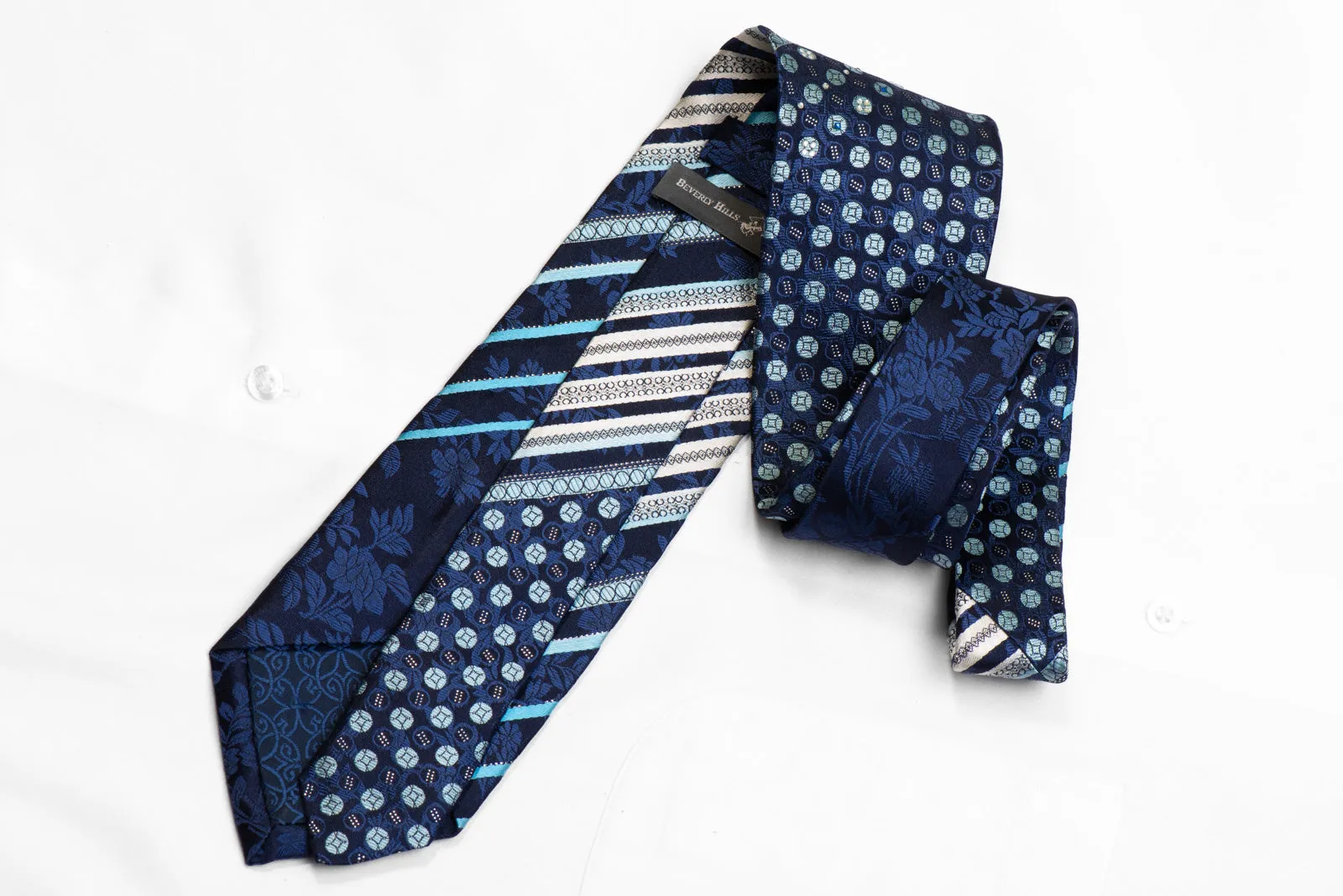 Men's Rhinestone Silk Necktie Striped Geometric Floral On Navy With Sparkles