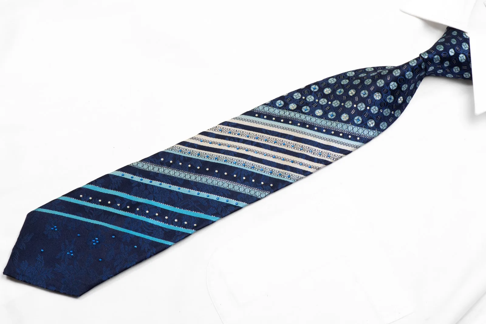 Men's Rhinestone Silk Necktie Striped Geometric Floral On Navy With Sparkles