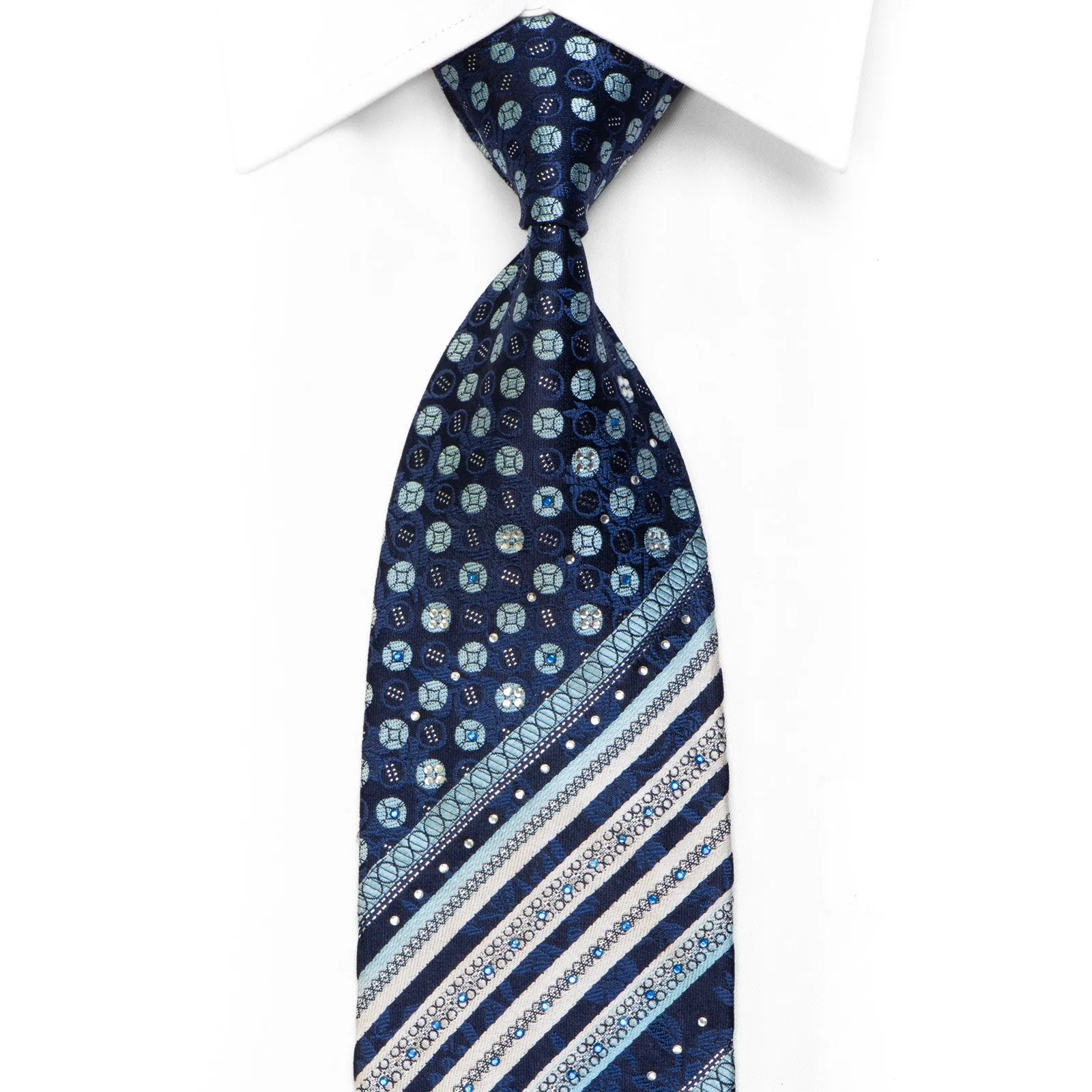 Men's Rhinestone Silk Necktie Striped Geometric Floral On Navy With Sparkles