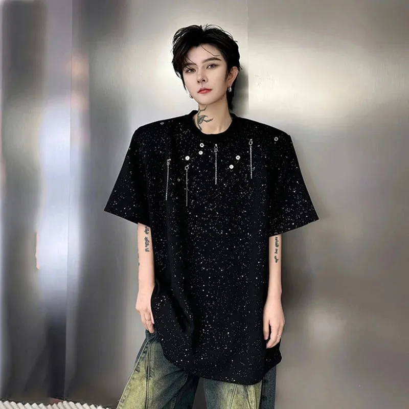 Men's Short Sleeved T-shirt 2024 New Summer Round Neck Metal Pendant Decoration Loose Trendy Male Top Korean Style 9C5479