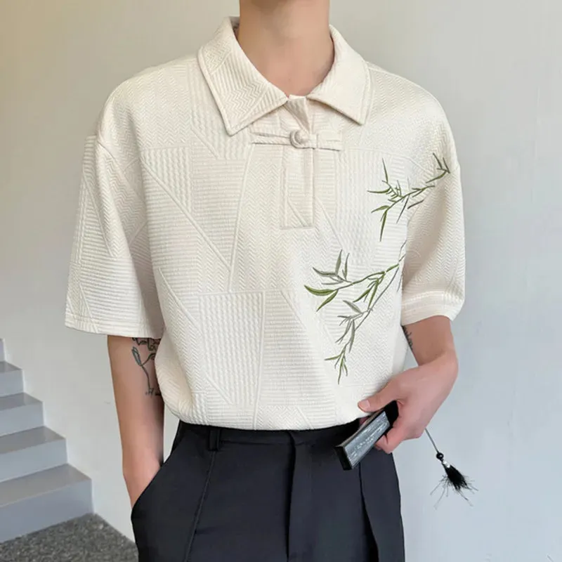 Men's T-shirt Summer New Chinese Style Bamboo Embroidery Button Short Sleeve Lapel Trendy Loose Pullover Top 9C5776