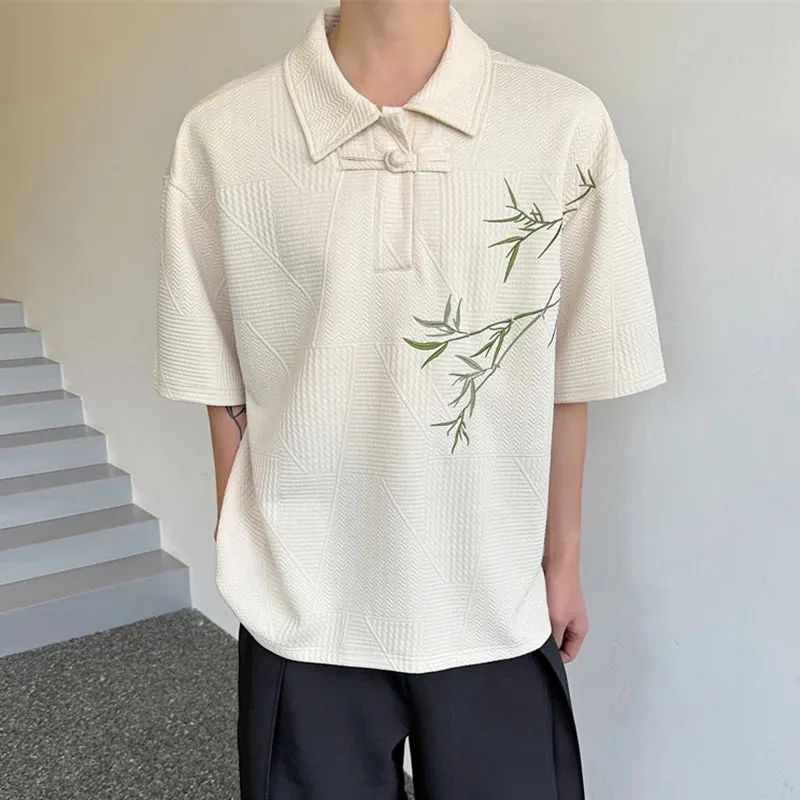 Men's T-shirt Summer New Chinese Style Bamboo Embroidery Button Short Sleeve Lapel Trendy Loose Pullover Top 9C5776