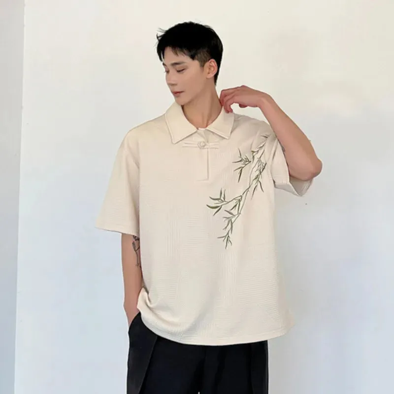 Men's T-shirt Summer New Chinese Style Bamboo Embroidery Button Short Sleeve Lapel Trendy Loose Pullover Top 9C5776