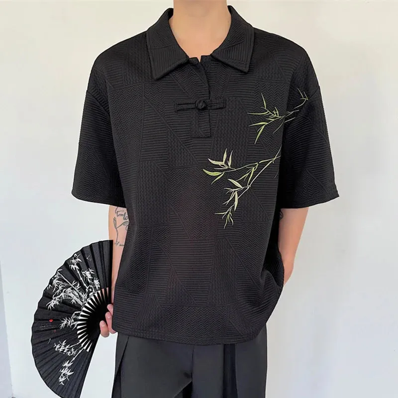 Men's T-shirt Summer New Chinese Style Bamboo Embroidery Button Short Sleeve Lapel Trendy Loose Pullover Top 9C5776