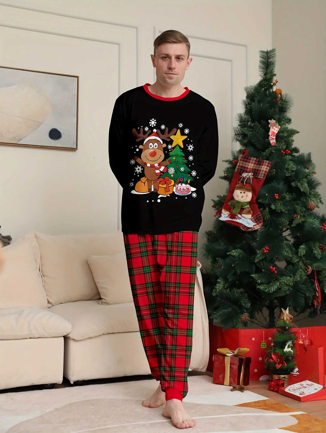 Men's Trendy Casual Christmas Pajamas Sets, Deer Elk Christmas Tree Antler Graphic Print Long Sleeve Crew Neck Top & Loose Pants Lounge Wear