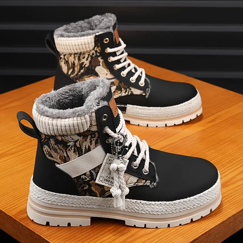 Men's Trendy High Top Snow Boots With Warm Plush Lining, Comfy Non Slip Lace Up Casual Shoes For Men's Outdoor Activities