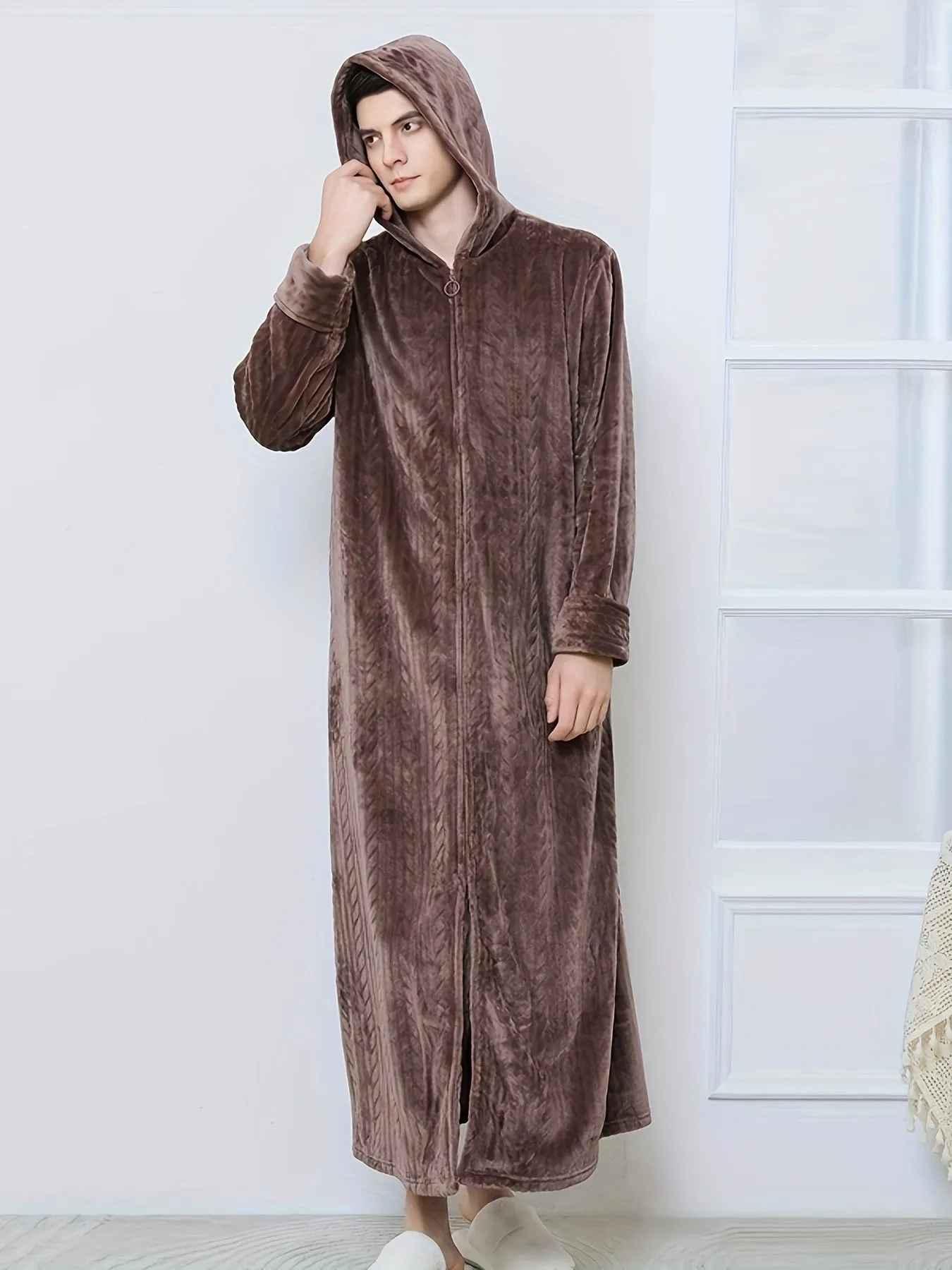 Men's Trendy Pajamas Hooded Warm Cozy Flannel Robe After Bath, Solid Fleece Zip Up Comfy Hoodie Lounge Wear With Hair Dry Hat