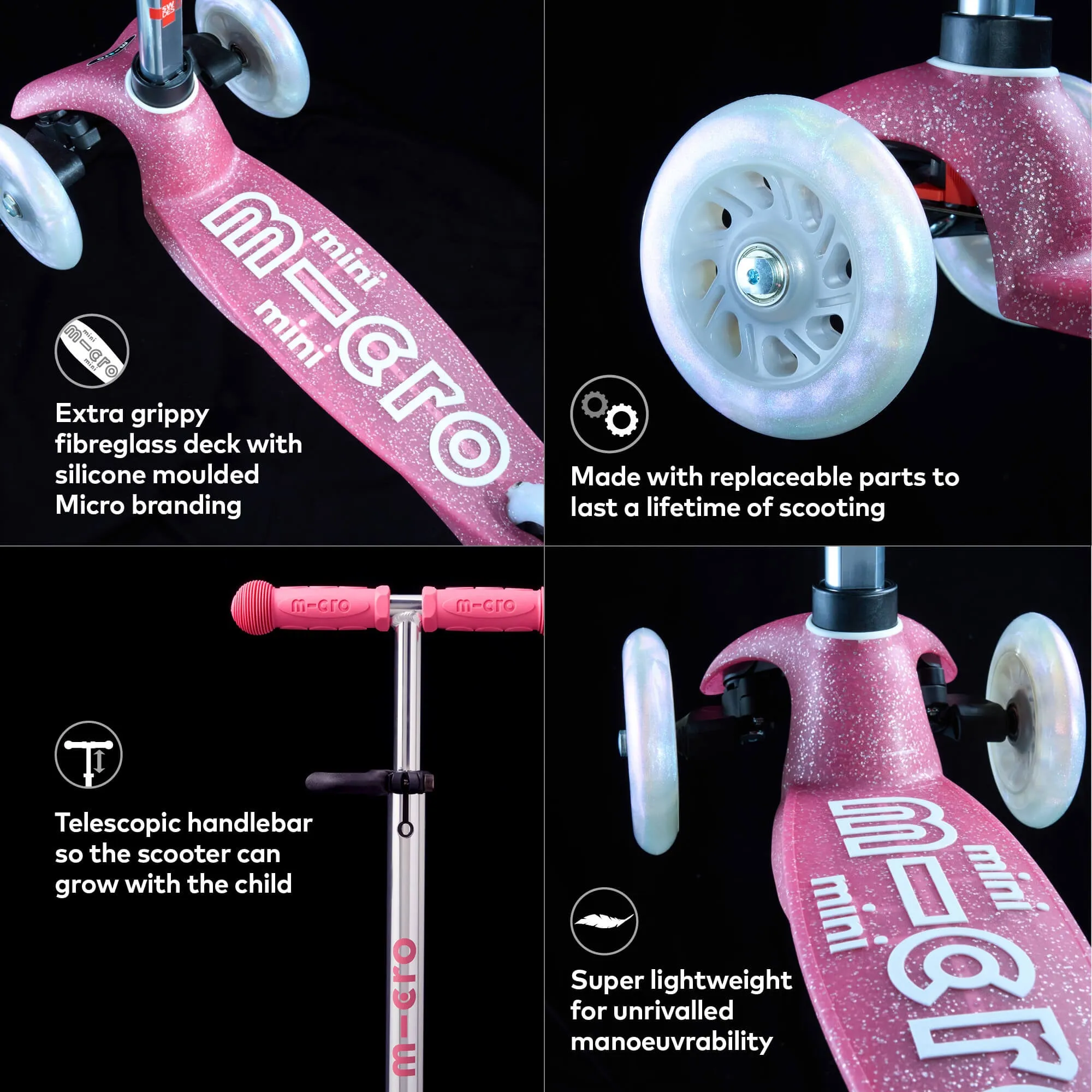 Micro Scooters Glitter Mini Micro Scooter Deluxe LED - Pink