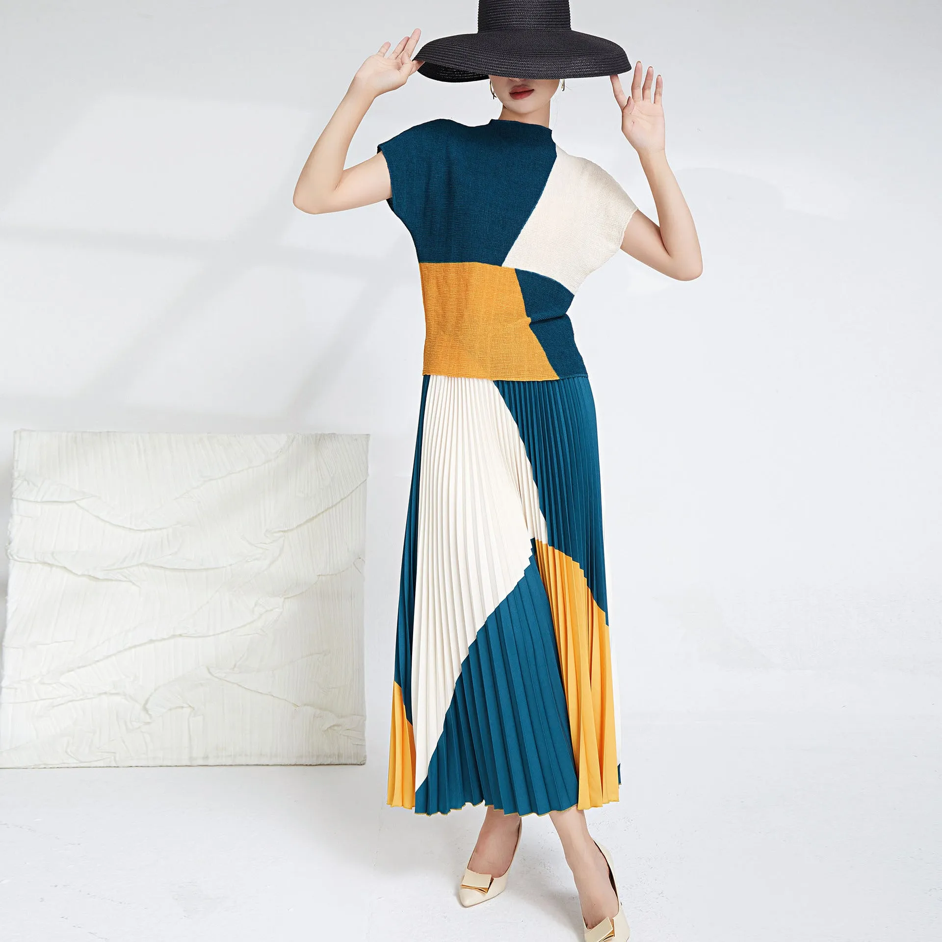 Miyake Pleated Color Block Top & Long Skirt Set