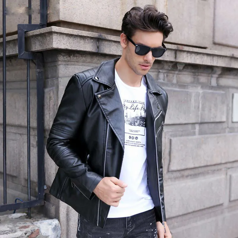 Motorcycle Style PU Leather Men Slim Fit Jacket