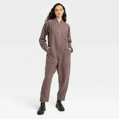 New - Houston White Women's Long Sleeve Faux Suede Flight Jumpsuits Overalls, Brown