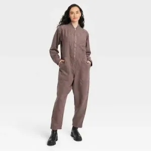 New - Houston White Women's Long Sleeve Faux Suede Flight Jumpsuits Overalls, Brown