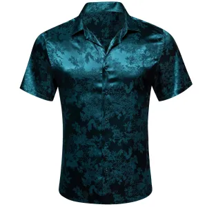 Nile Blue Floral Leaf Silk Men's Short Sleeve Shirt