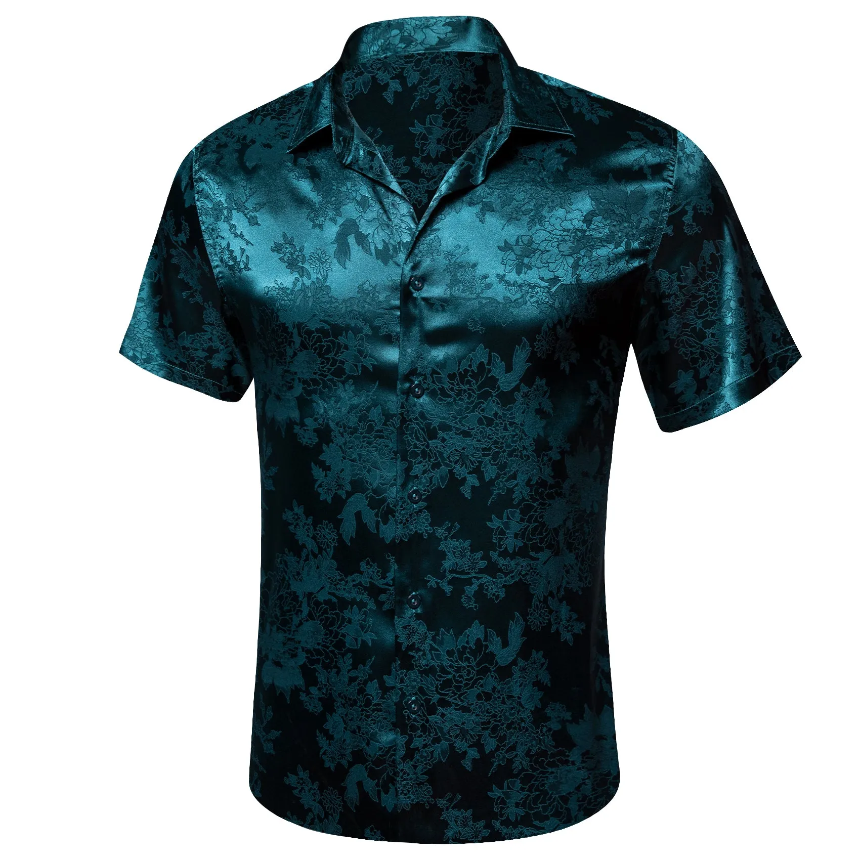 Nile Blue Floral Leaf Silk Men's Short Sleeve Shirt