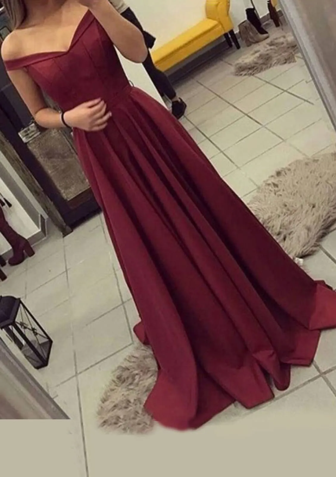 Off Shoulder Elastic Satin V-Neck Sweep Train A-line Evening Prom Dress