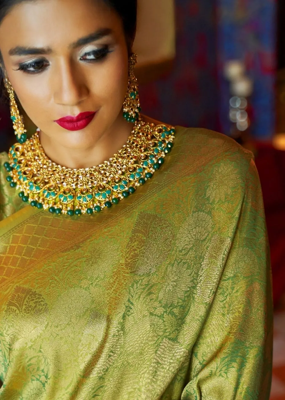 Olive Green and Golden Blend Woven Kanjivaram Soft Silk Saree : Top Pick