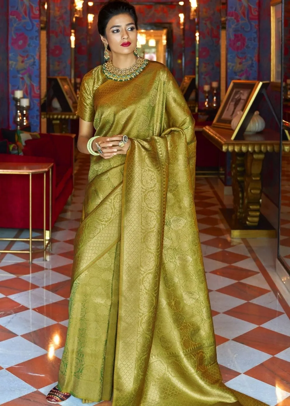 Olive Green and Golden Blend Woven Kanjivaram Soft Silk Saree : Top Pick