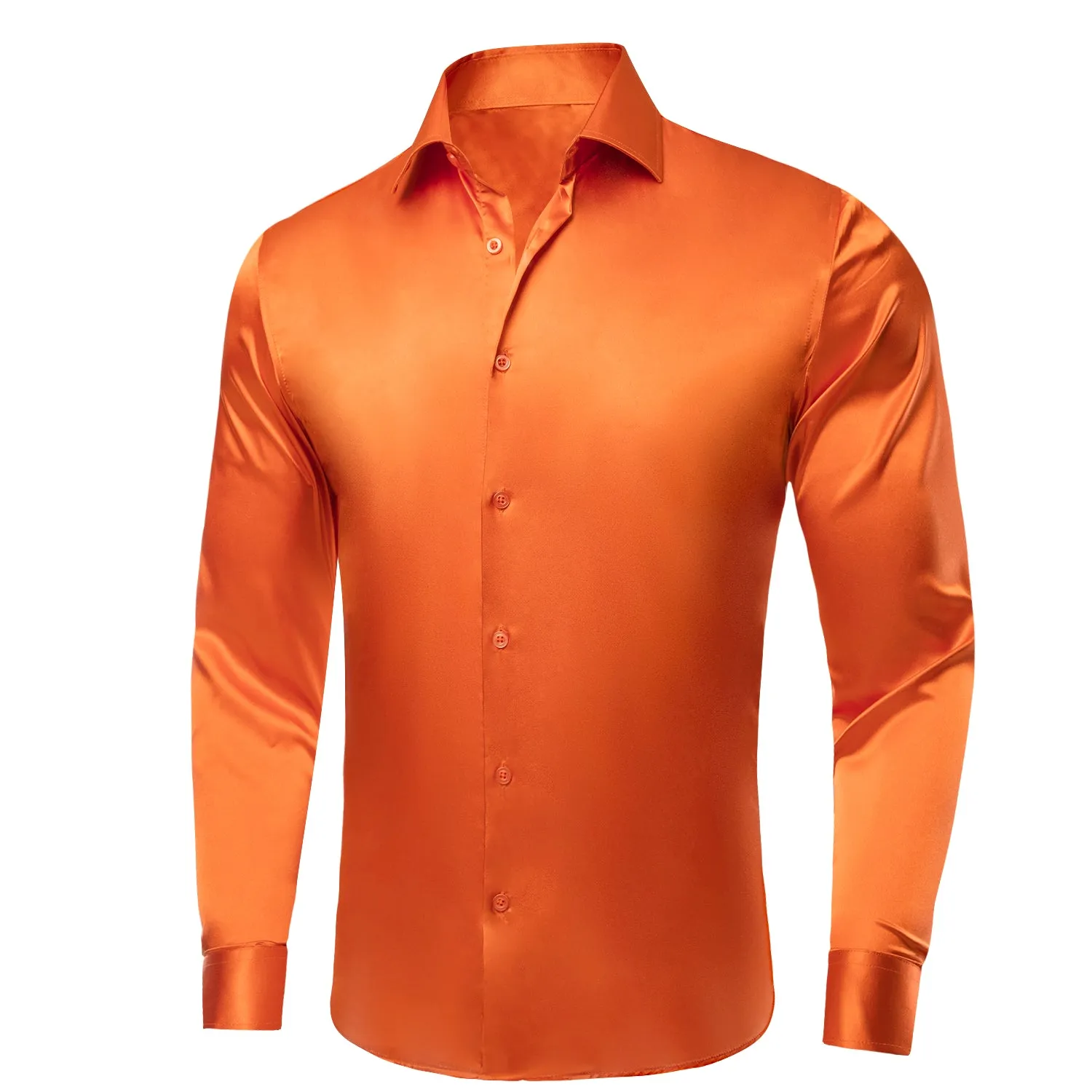 Orange Solid Satin Silk Men's Long Sleeve Business Shirt