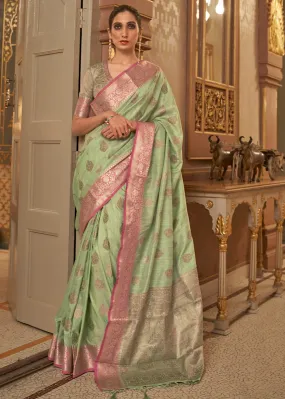 Pastel Green Zari Butta Woven Tussar Silk Saree