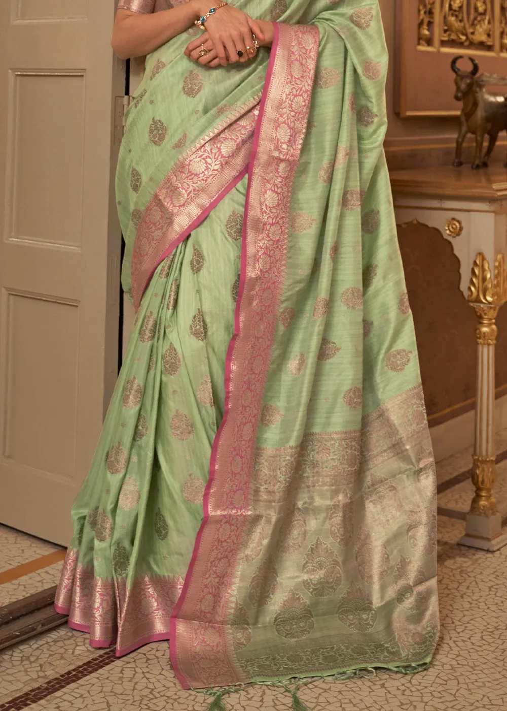 Pastel Green Zari Butta Woven Tussar Silk Saree