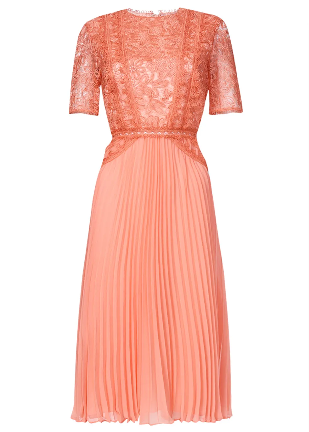 Peach Lace Pleated Midi Dress