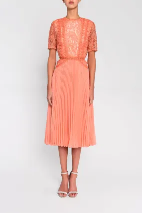 Peach Lace Pleated Midi Dress