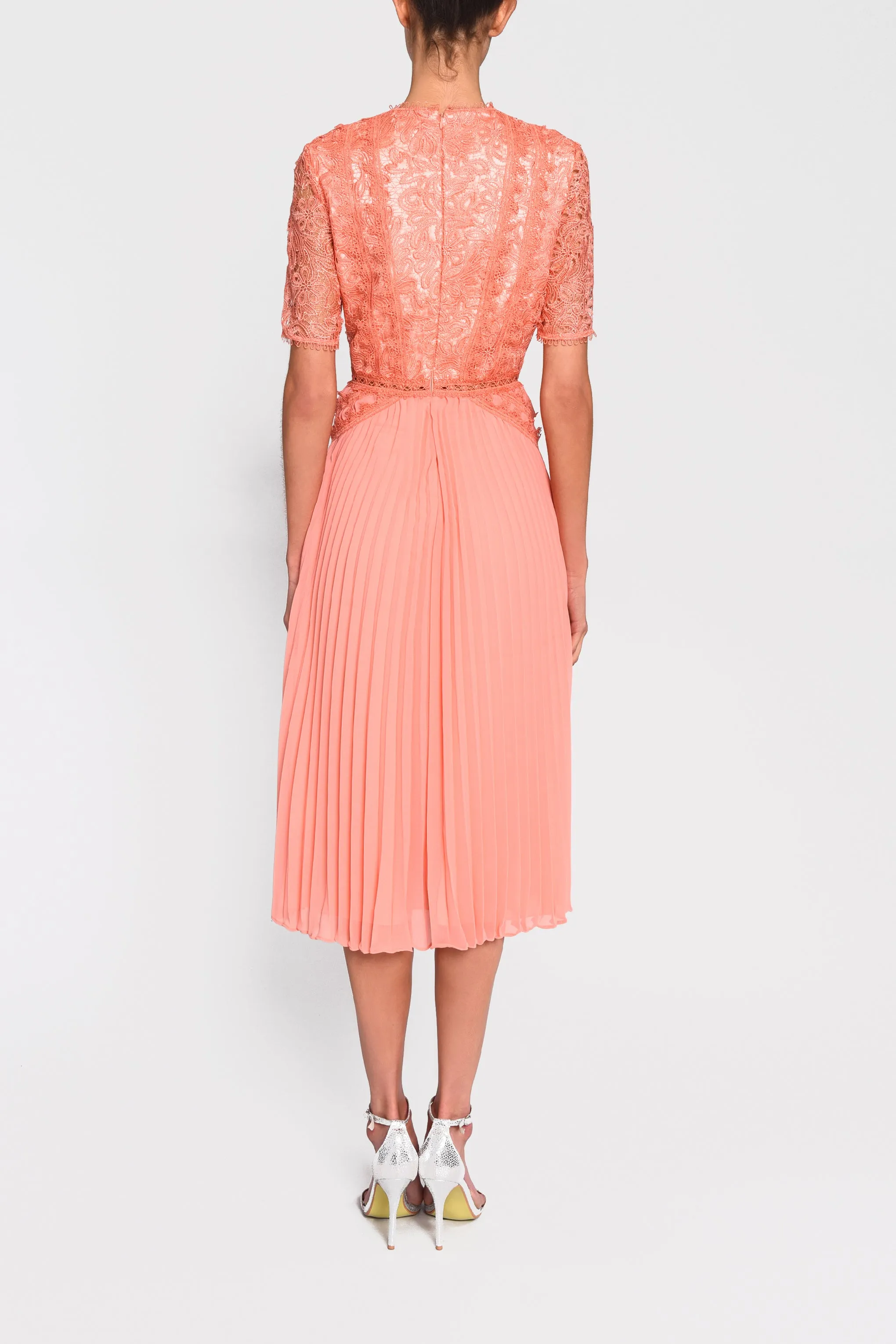 Peach Lace Pleated Midi Dress