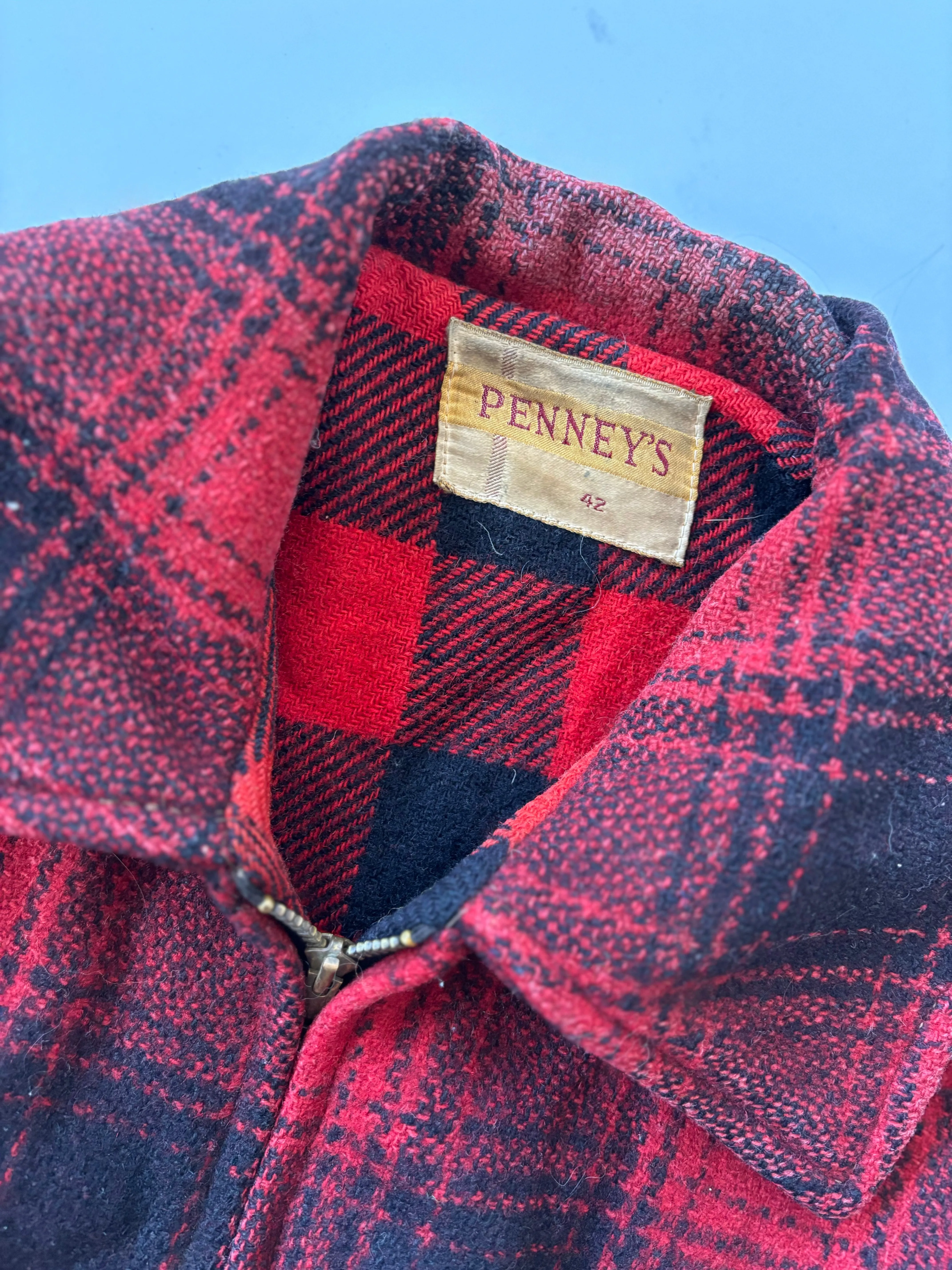 Penney's 40's red and black plaid wool jacket buffalo check