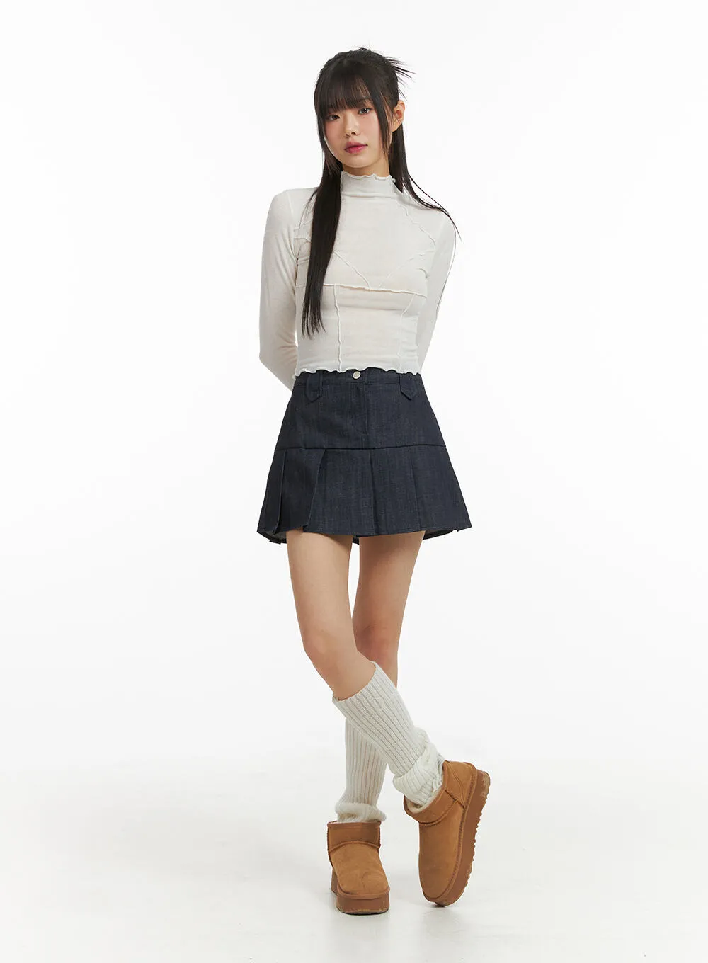 Pleated Denim Mini Skirt CJ415