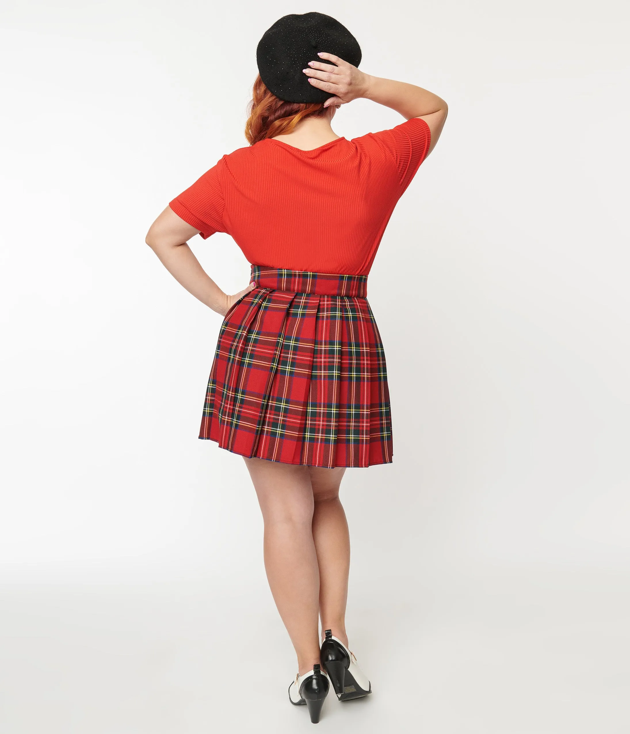 Plus Size Red Plaid Pleated Mini Skirt