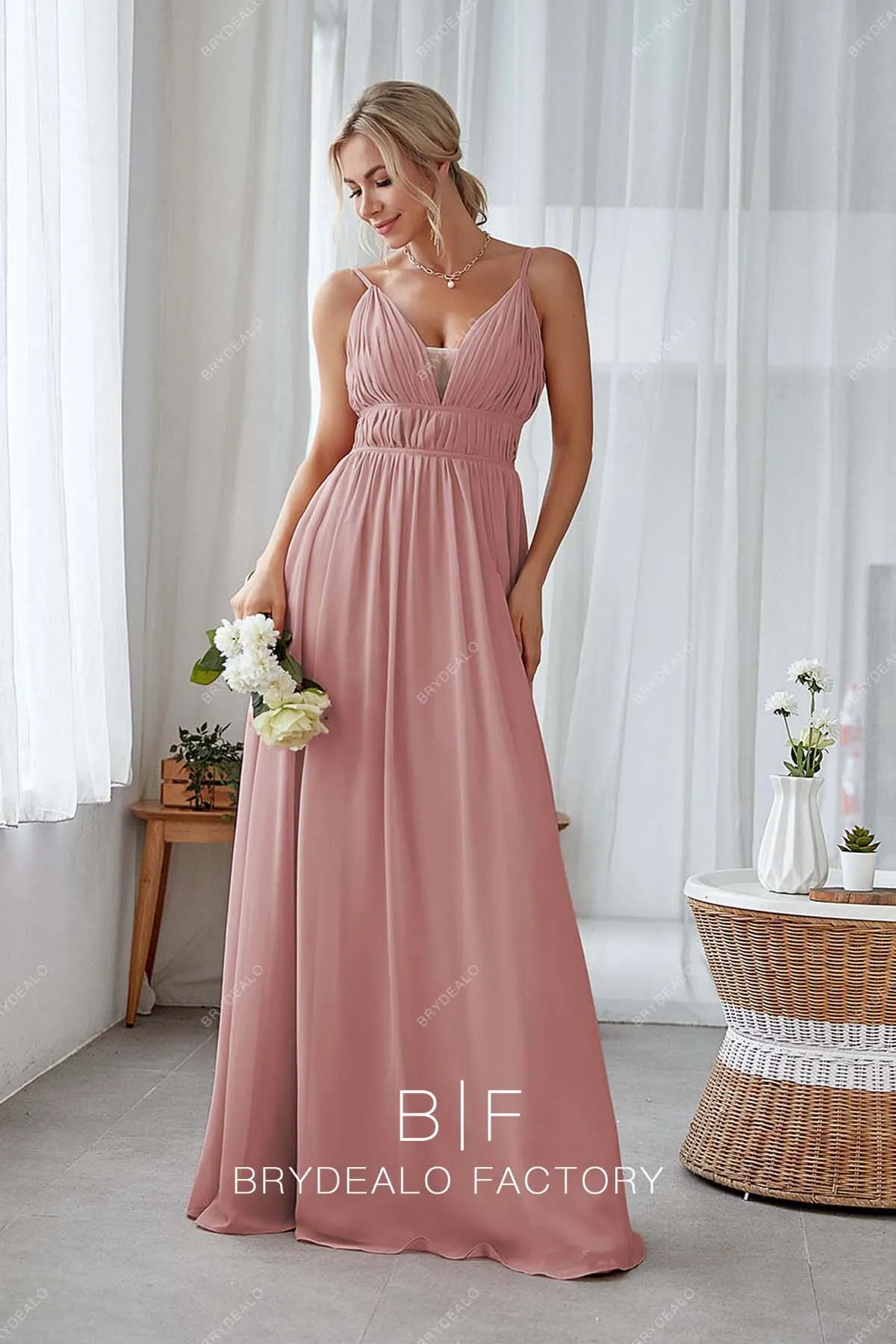 Popular Dusty Rose Chiffon Plunging A-line Long Dress