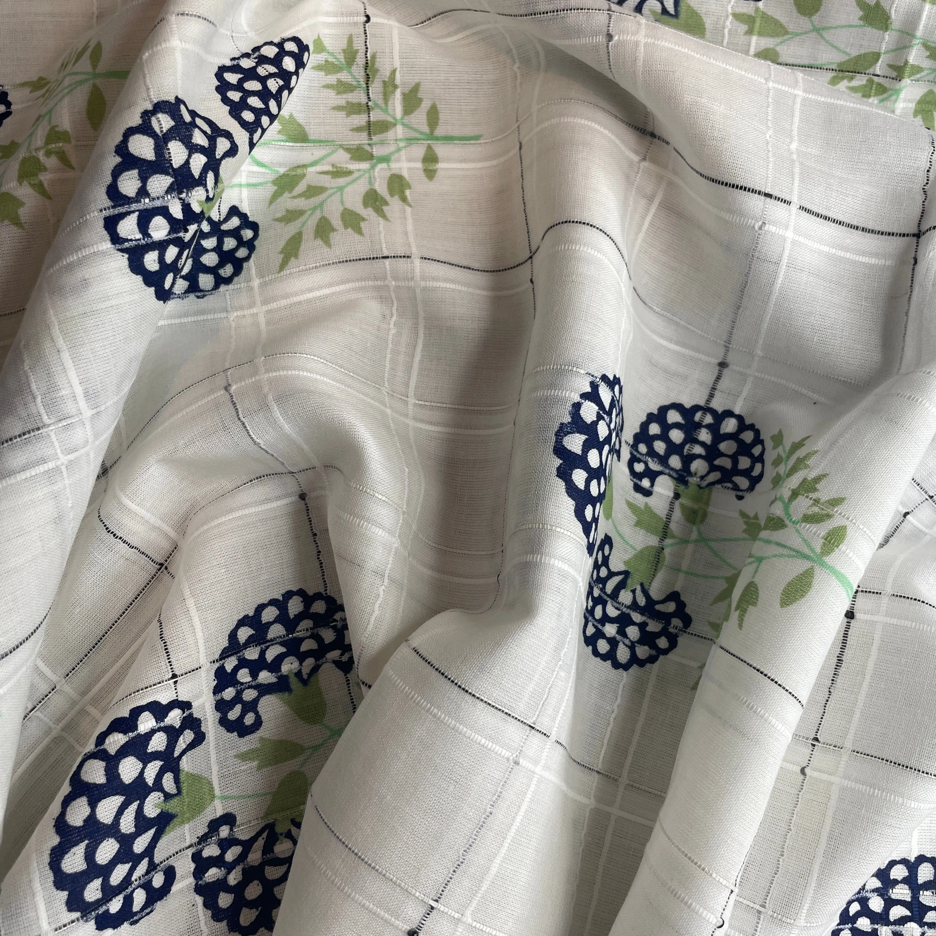 Premium Cotton White Dark Blue Floral Embroidary Fabric