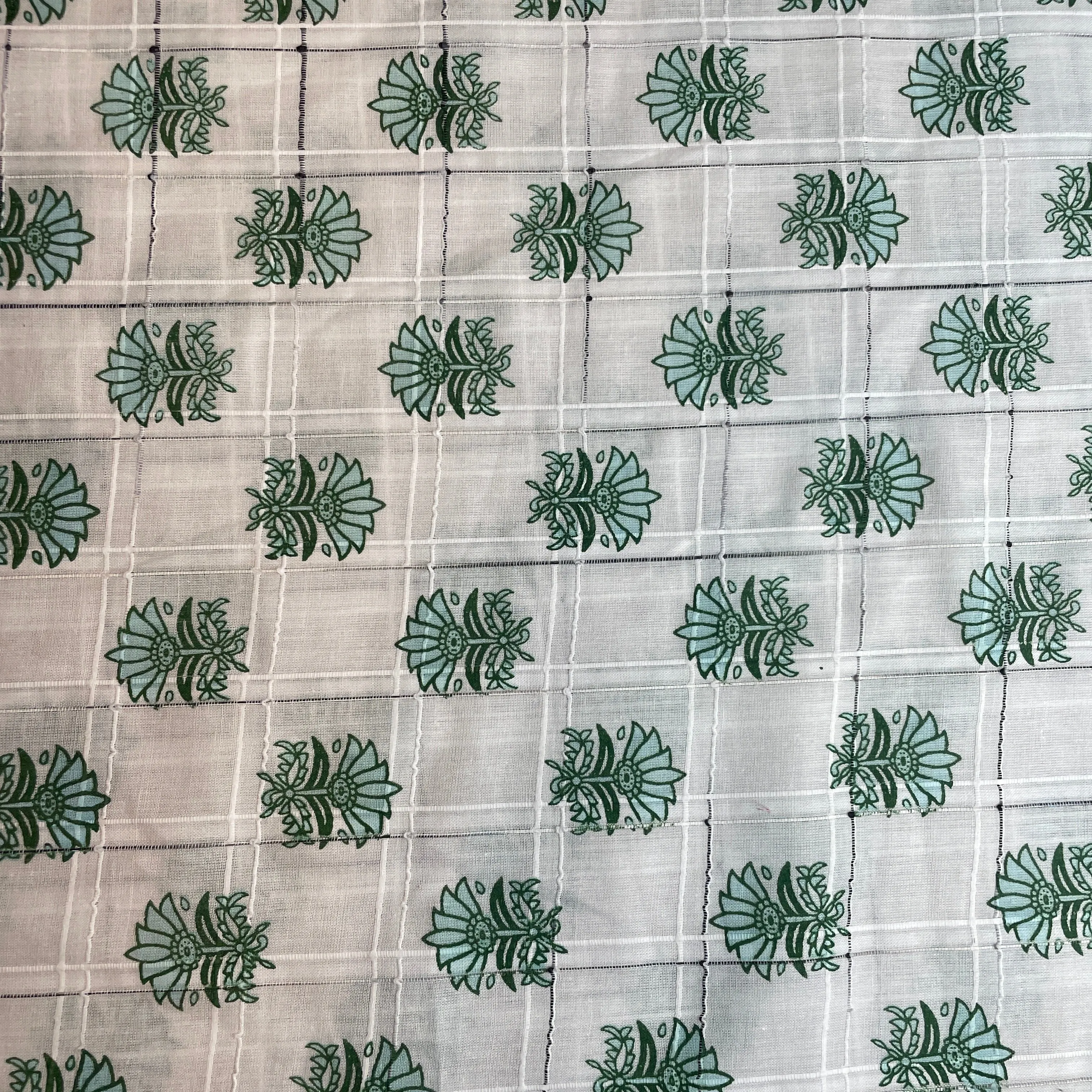 Premium Cotton White Green Flower Embroidary Fabric